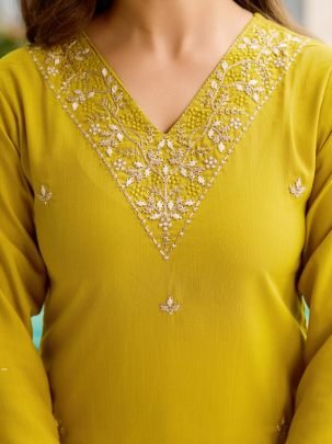 Lemon Yellow Embroidered Kurti with Floral Dupatta