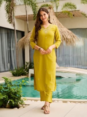 Lemon Yellow Embroidered Kurti with Floral Dupatta