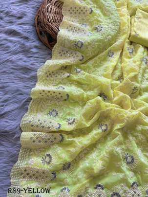 Lemon Yellow Gorgeouse Thread Work Georgette Saree