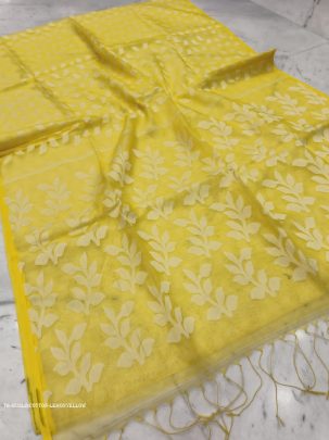 Lemon Yellow Pearl Print Jharapata Muslin Cotton Soft Jamdani Saree