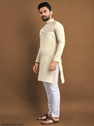 Lemon Yellow Poshak Soft Jacquard Buti Men Kurta With Pajama