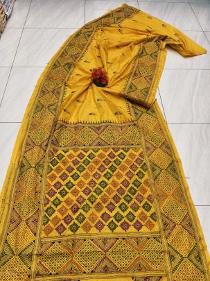 Lemon Yellow Soft Bangalori Handcraft Kanthastich Saree