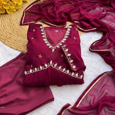 Leo Wine Alia Cut Lights Fox Georgette Party Wear Gown Set with Golden Gotta Lace