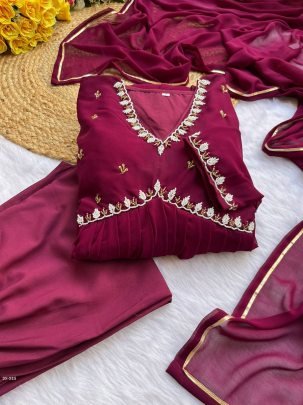 Leo Wine Alia Cut Lights Fox Georgette Party Wear Gown Set with Golden Gotta Lace