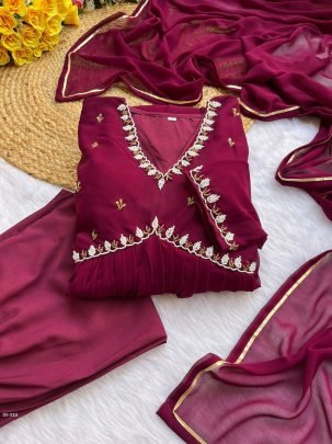 Leo Wine Alia Cut Lights Fox Georgette Party Wear Gown Set with Golden Gotta Lace