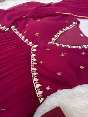 Leo Wine Alia Cut Lights Fox Georgette Party Wear Gown Set with Golden Gotta Lace