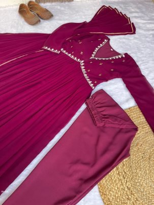 Leo Wine Alia Cut Lights Fox Georgette Party Wear Gown Set with Golden Gotta Lace