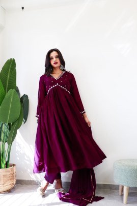 Leo Wine Alia Cut Lights Fox Georgette Party Wear Gown Set with Golden Gotta Lace