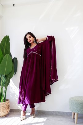 Leo Wine Alia Cut Lights Fox Georgette Party Wear Gown Set with Golden Gotta Lace