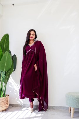 Leo Wine Alia Cut Lights Fox Georgette Party Wear Gown Set with Golden Gotta Lace