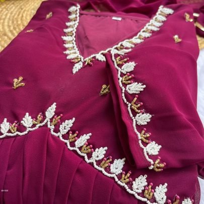 Leo Wine Alia Cut Lights Fox Georgette Party Wear Gown Set with Golden Gotta Lace