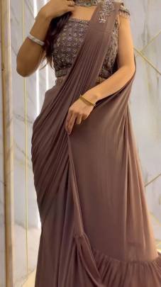 Brown Faux Georgette Ready to wear Sequence Patch Work Saree With Readymade Blouse