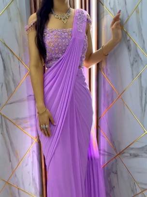 Purple Faux Georgette Ready to wear Sequence Patch Work Saree With Readymade Blouse 