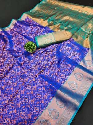 Lichi Blue Silk Saree With Beautiful Gold And Cooper Zari Weaving 