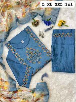 Light Blue Fancy Muslin Hand Work Kurti Pant Set