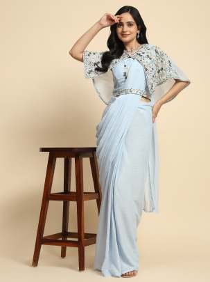 Light Blue Imported Chiffon Saree With Embroidered  Belt