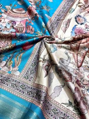 Light Blue Zari Weaving Worked Printed Silk Saree