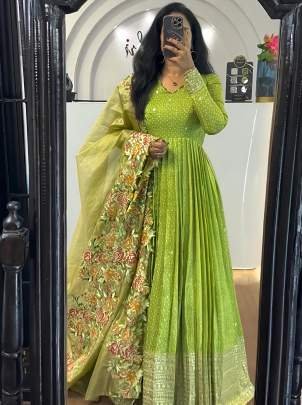 Light Green Chinon Silk Embroidery Sequence Work Gown