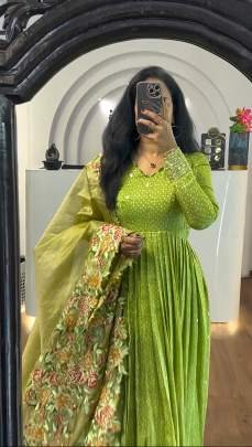Light Green Chinon Silk Embroidery Sequence Work Gown
