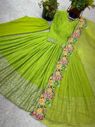Light Green Chinon Silk Embroidery Sequence Work Gown
