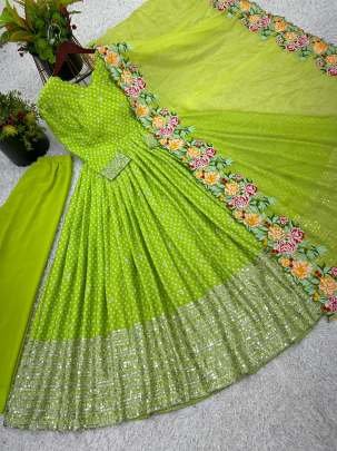 Light Green Chinon Silk Embroidery Sequence Work Gown