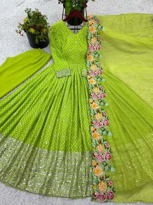 Light Green Chinon Silk Embroidery Sequence Work Gown