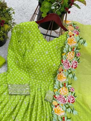 Light Green Chinon Silk Embroidery Sequence Work Gown