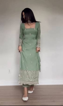 Light Green Embroidered Suit with Dupatta and Pearl Necklace