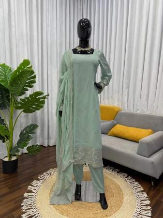 Light Green Embroidered Suit with Dupatta and Pearl Necklace
