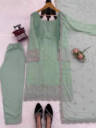 Light Green Embroidered Suit with Dupatta and Pearl Necklace