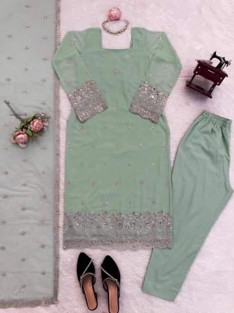 Light Green Embroidered Suit with Dupatta and Pearl Necklace