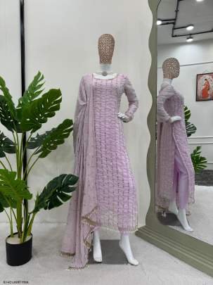Light Pink Designer Foux Georgette Suits With Rivet Moti Work or Thread Work