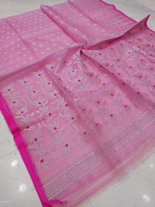 Light Pink Flower Print Soft Pure Maslin Dhakai Jamdani Saree
