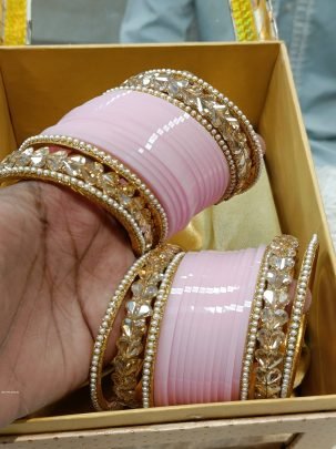 Light Pink Plain Bangles With Heart Shape Golden Bangles