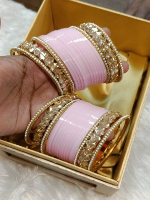 Light Pink Plain Bangles With Heart Shape Golden Bangles