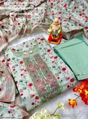 Light Pista Hand Work Muslin Silk Kurti With Wine Pant Set