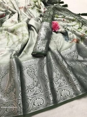 Light Pista Printed Pure Soft Tussar Satin Silk Saree With Tassels