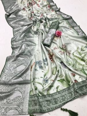 Light Pista Printed Pure Soft Tussar Satin Silk Saree With Tassels