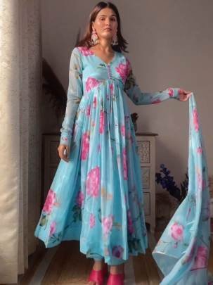Party Wear Look Fox Georgette Digital Print Gown With Dupatta and Pant Set