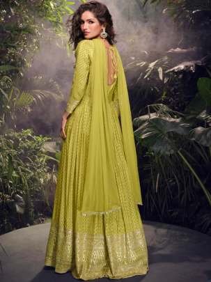 Lime Green Embroidered Anarkali Suit With Net Dupatta