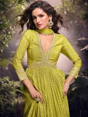 Lime Green Embroidered Anarkali Suit With Net Dupatta