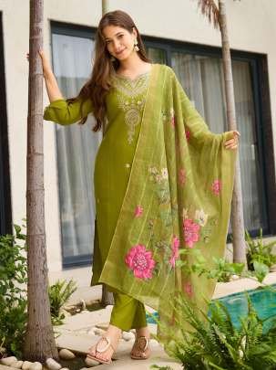 Lime Green Embroidered Kurti with Floral Dupatta