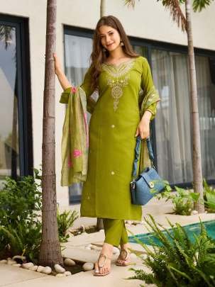 Lime Green Embroidered Kurti with Floral Dupatta