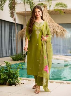 Lime Green Embroidered Kurti with Floral Dupatta