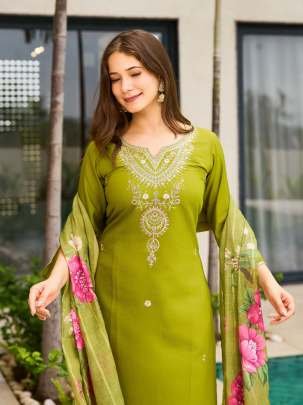 Lime Green Embroidered Kurti with Floral Dupatta