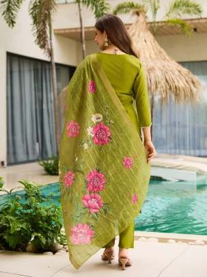Lime Green Embroidered Kurti with Floral Dupatta