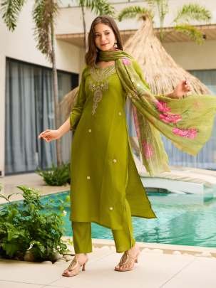 Lime Green Embroidered Kurti with Floral Dupatta