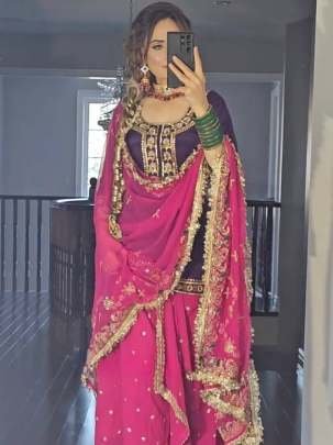 Lohri Special Purple With Pink Top Dhoti and Dupatta Set