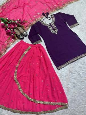 Lohri Special Purple With Pink Top Dhoti and Dupatta Set