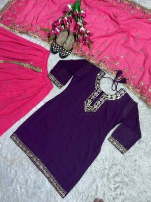 Lohri Special Purple With Pink Top Dhoti and Dupatta Set